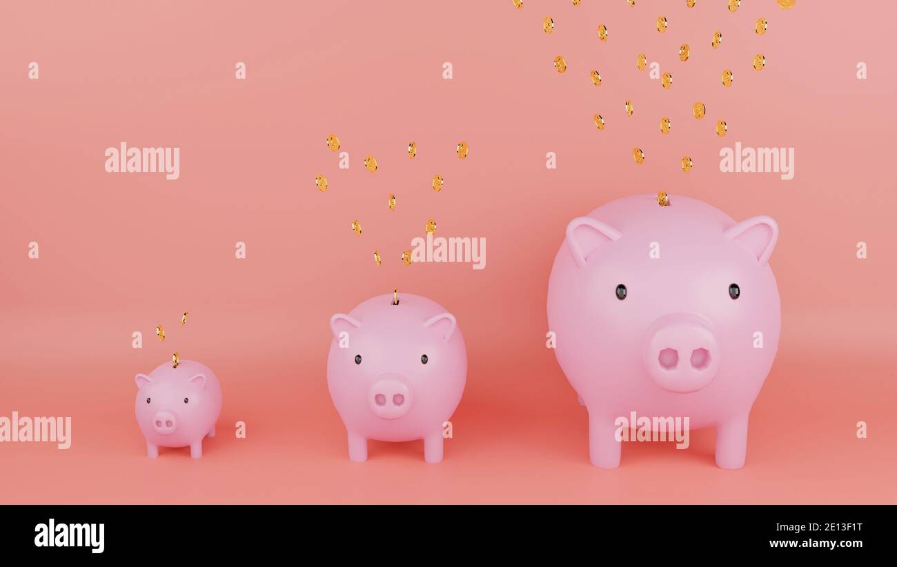 Pink piggy bank and falling gold coins with dollar sign with pink ...