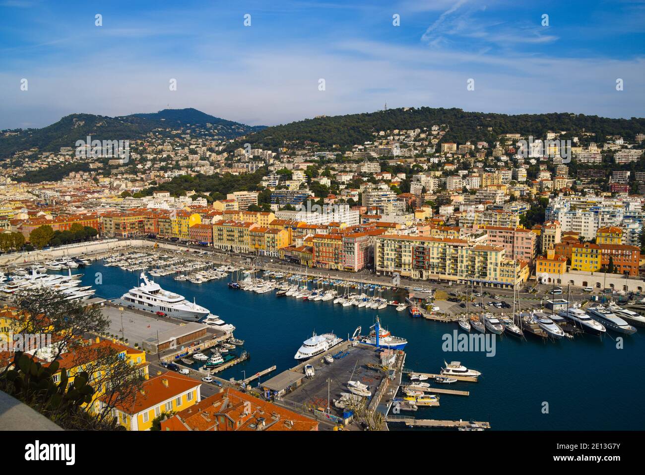 Aerial panoramic view of Port Lympia in Nice, South of France, 2019. Stock Photo