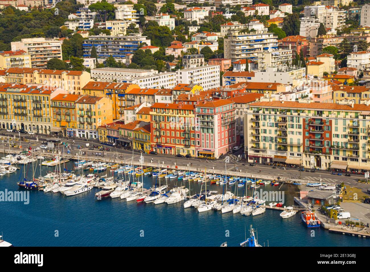 Aerial panoramic view of Port Lympia in Nice, South of France, 2019. Stock Photo