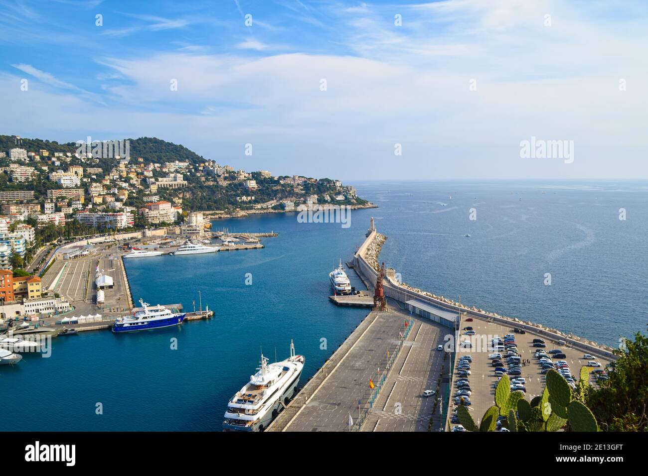 Aerial panoramic view of Port Lympia and lighthouse in Nice, South of France. Stock Photo