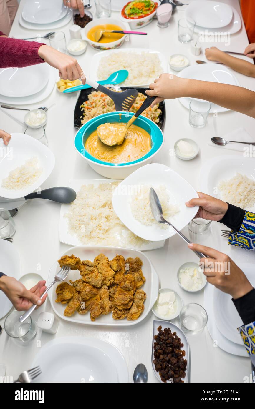 Top view of friends having lunch Stock Photo