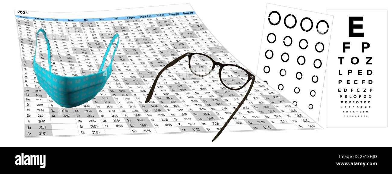 Kalender mit Sehtest und Brille, FFP2 Maske auf weißem Hintergrund, Terminvergabe Stock Photo