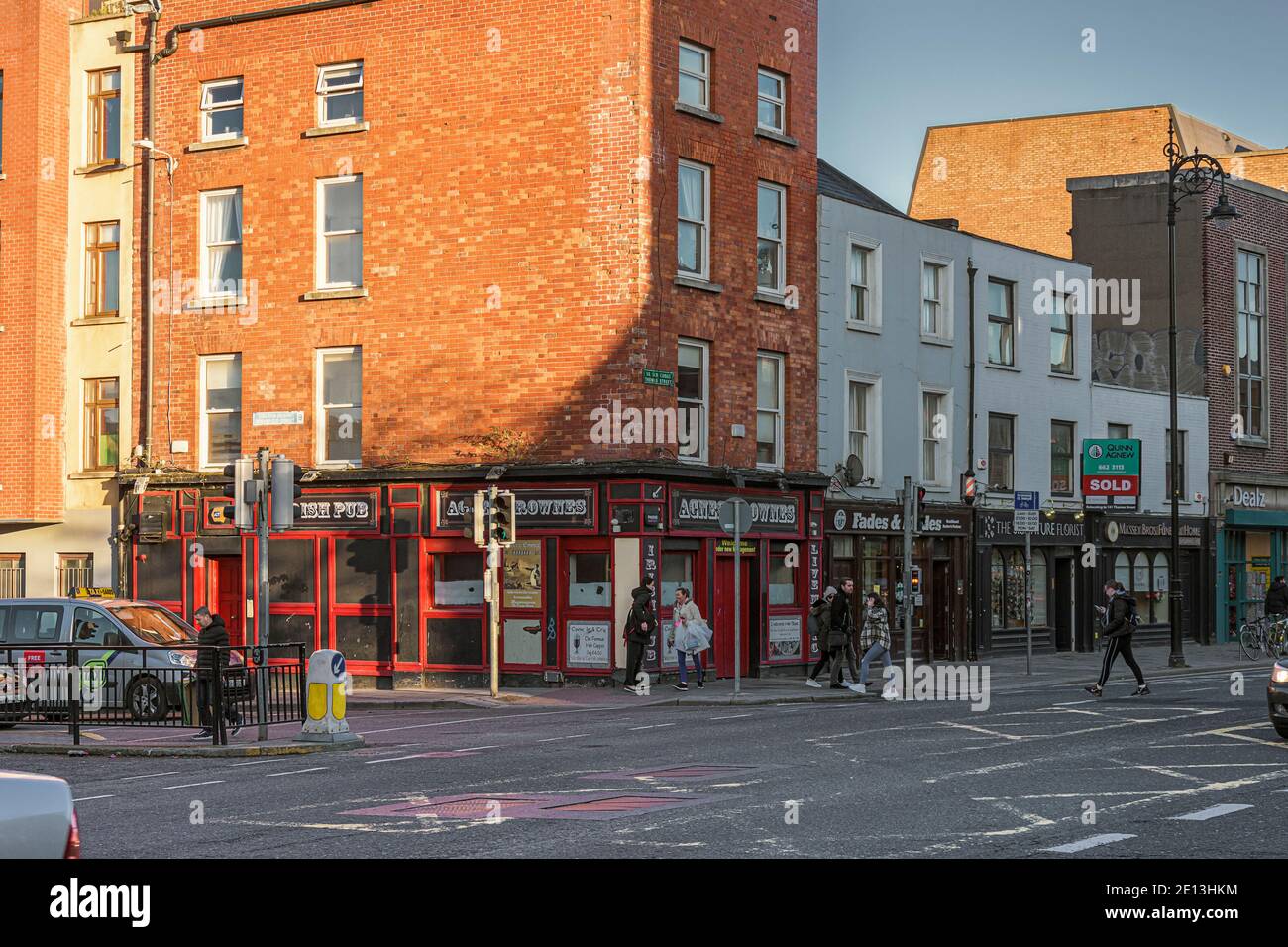 Corner of Bridgefoot and Thomas streets with Agnes Brownes pub. Dublin, Ireland. Stock Photo