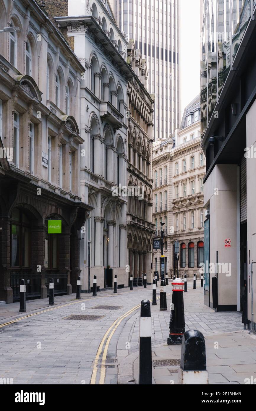 London, UK - December 2020 :   The City of London with quiet streets during Tier 4 lockdown Stock Photo