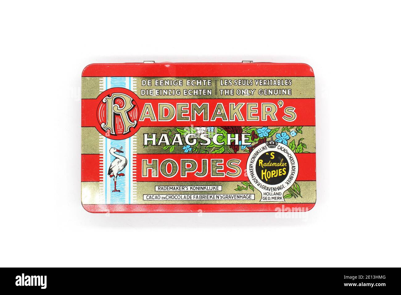 Vintage Rademaker's Haagsche Hopjes metal box, isolated on a white background Stock Photo
