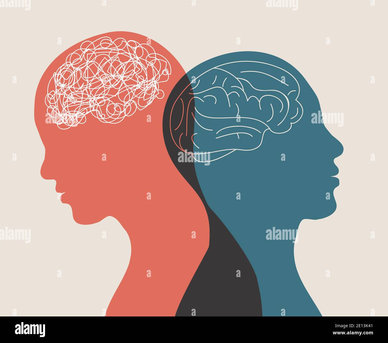 Metaphor bipolar disorder mind mental. Double face. Split personality. Concept mood disorder. 2 Head silhouette.Psychology. Mental health. Dual person Stock Vector