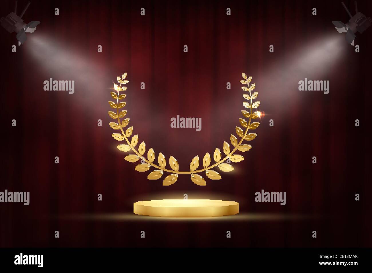 Golden award signs with podium and laurel wreath isolated on red waving curtain background under spotlights. Vector award design template Stock Vector
