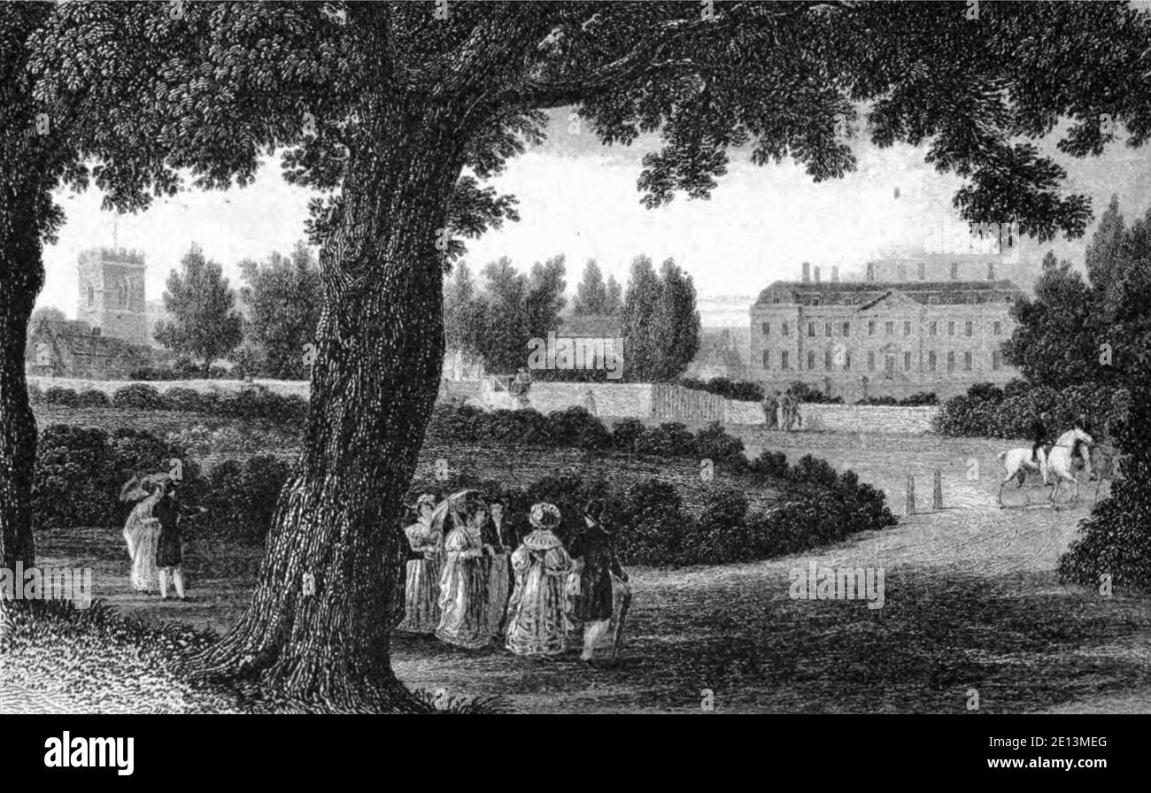Vintage antique print of The Radcliffe Infirmary at Oxford. The artist is Frederick MacKenzie and the engraver John Le Keux. The print dates from 1834. Stock Photo