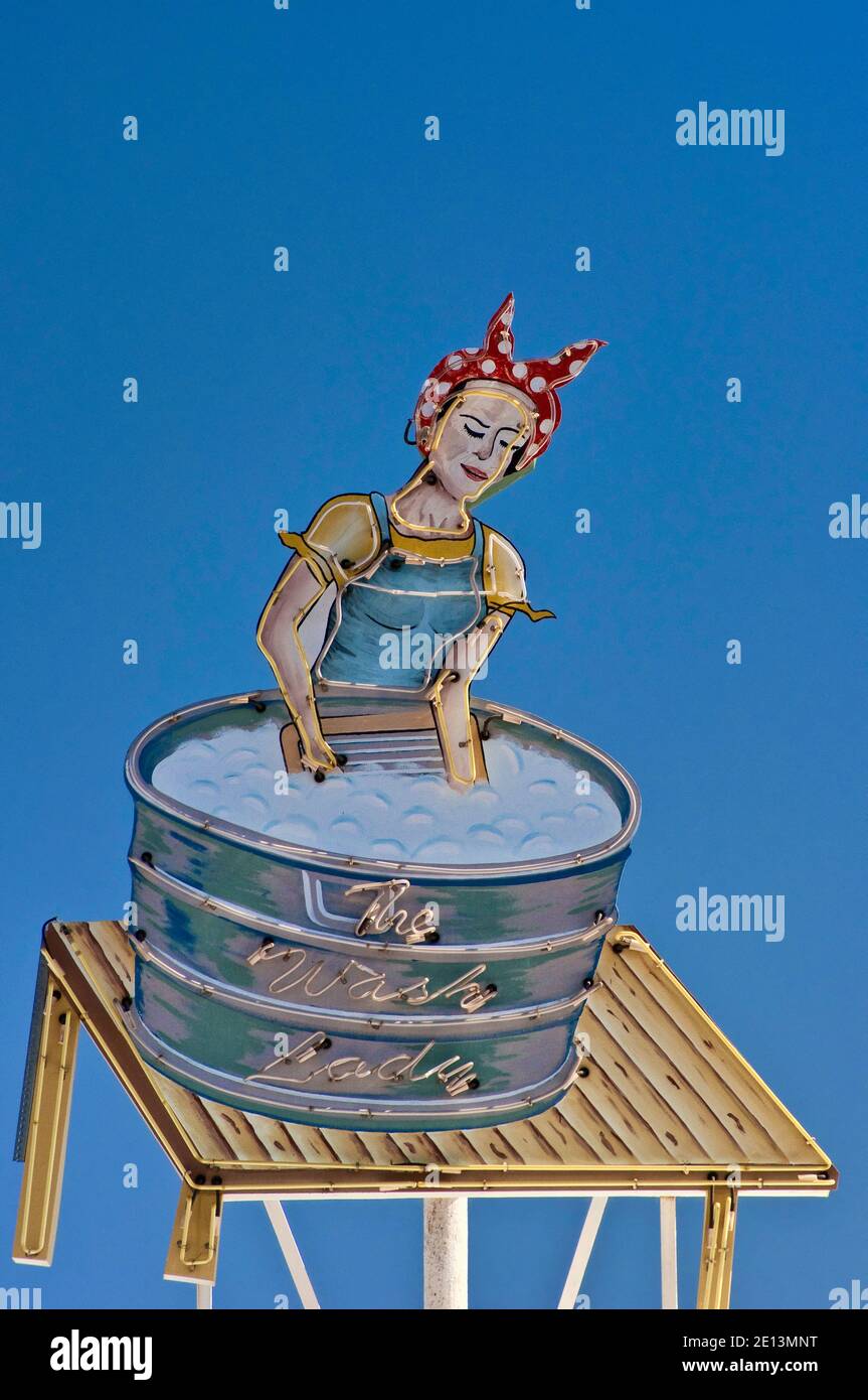 The Wash Lady neon sign at laundromat on historic Route 66 in Tucumcari