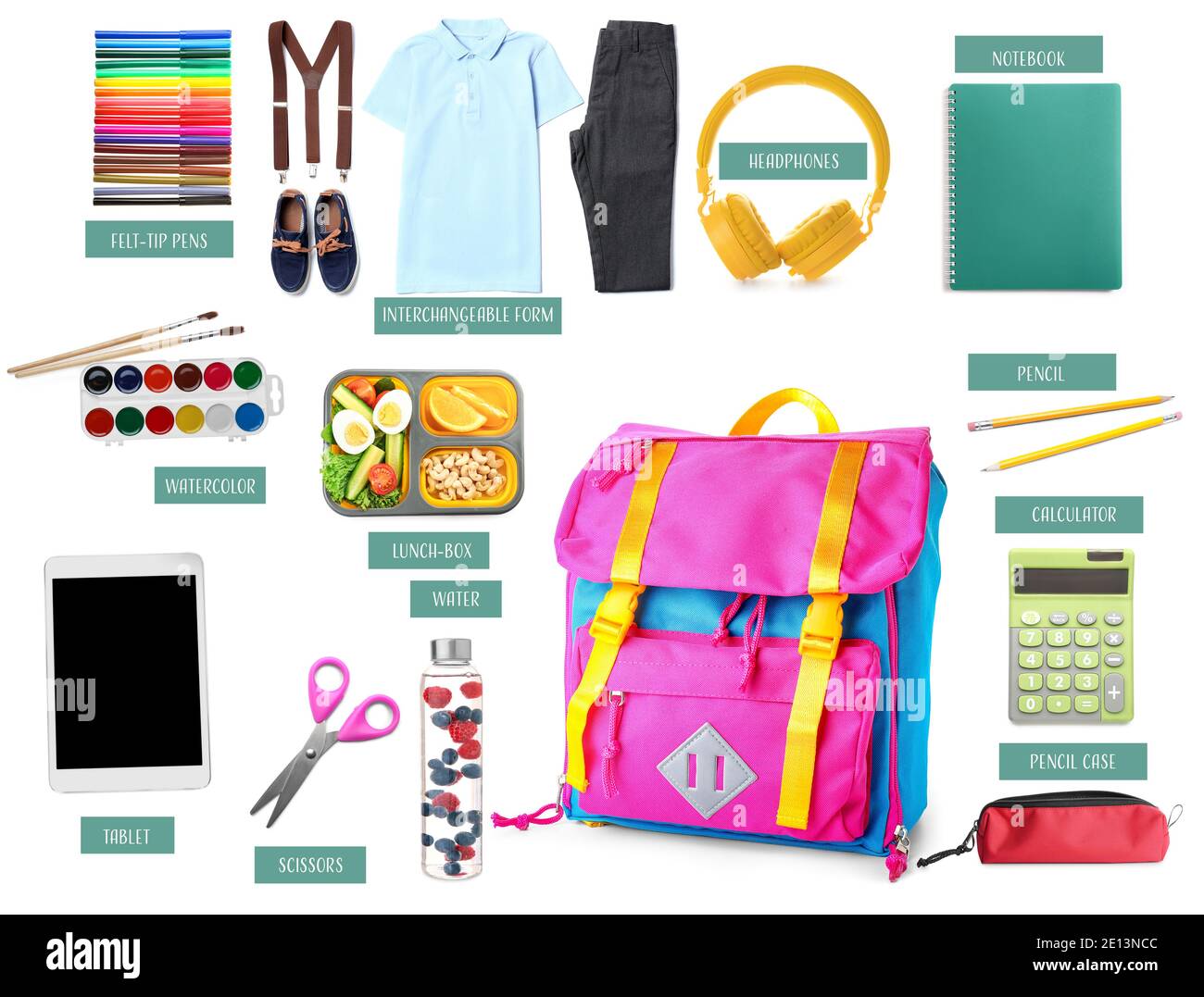 Backpack with different school essentials on white background Stock Photo -  Alamy