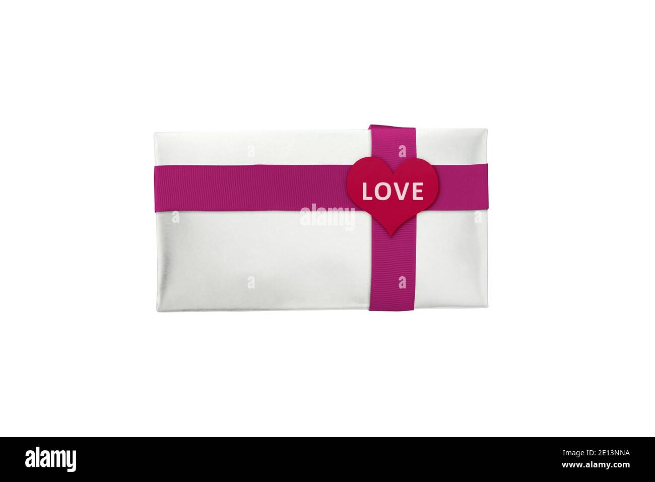 White gift box with red ribbon and heart shape with LOVE text isolated ...