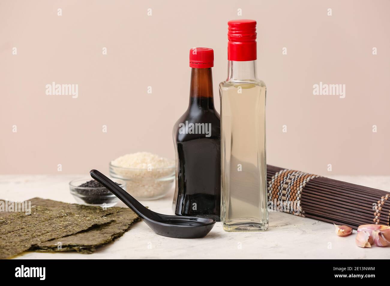 Composition with rice vinegar  on table Stock Photo