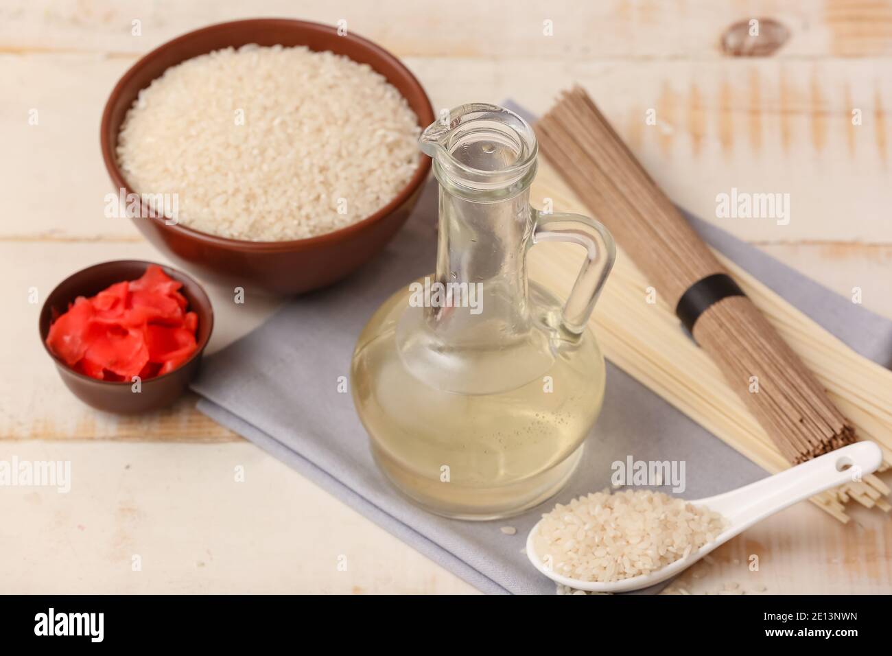 Composition with rice vinegar  on table Stock Photo