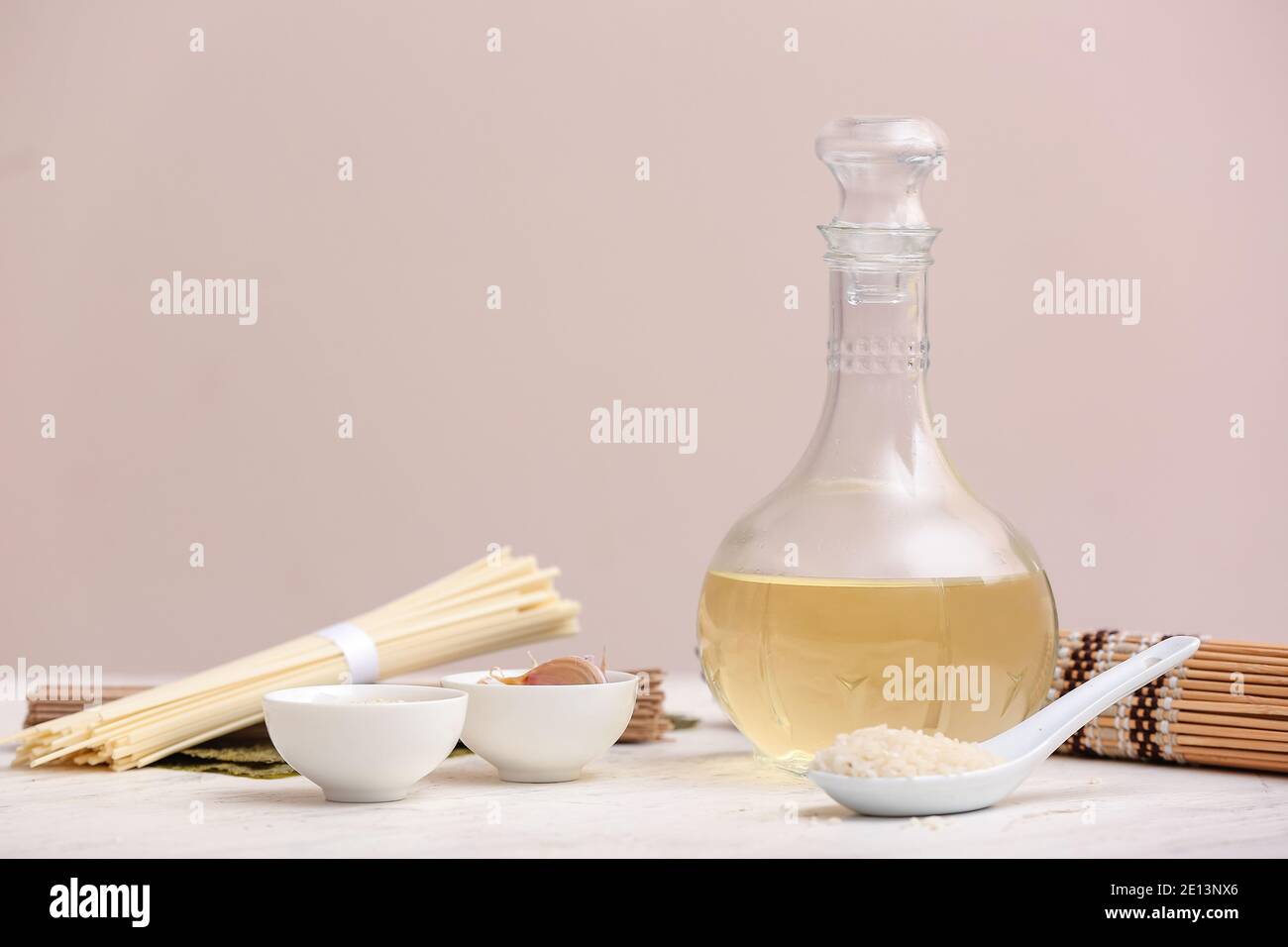 Composition with rice vinegar  on table Stock Photo