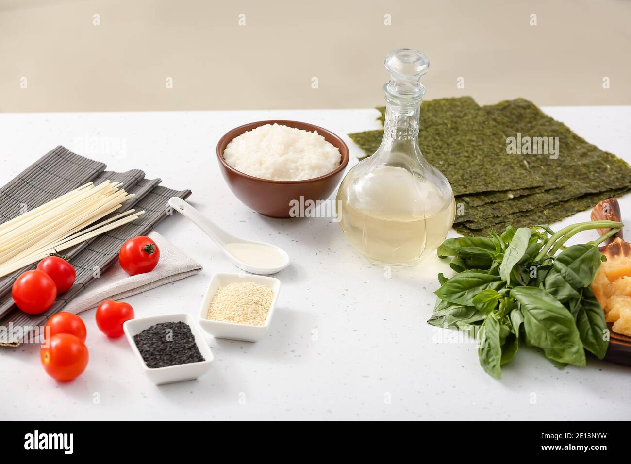 Composition with rice vinegar  on table Stock Photo