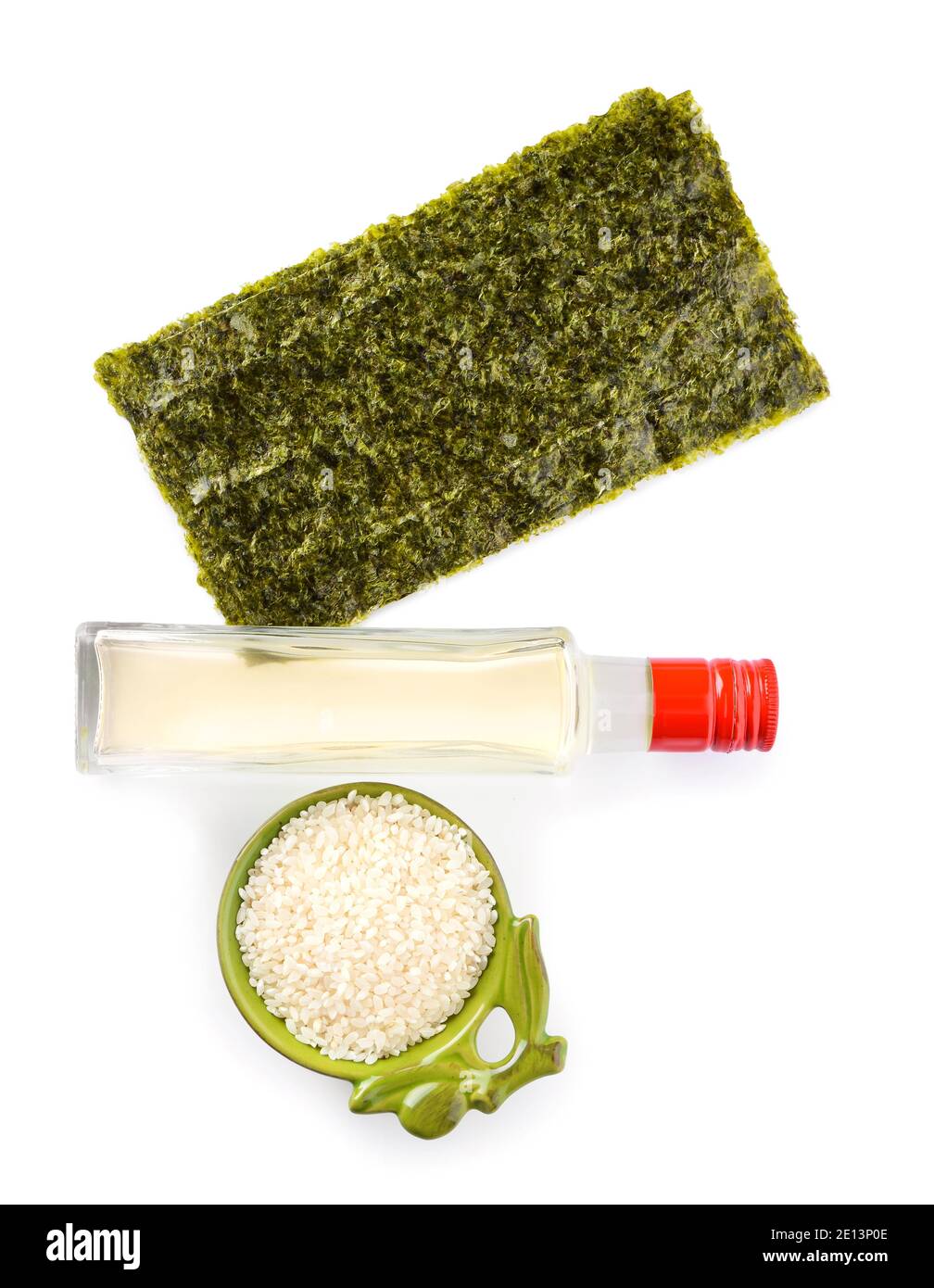 Composition with rice vinegar on white background Stock Photo Alamy