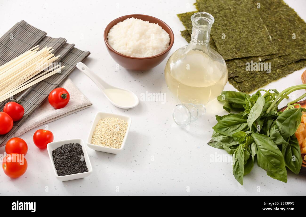 Composition with rice vinegar  on table Stock Photo
