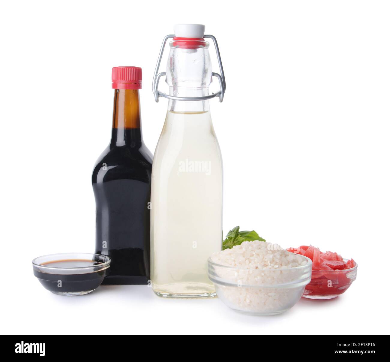 Composition with rice vinegar on white background Stock Photo Alamy