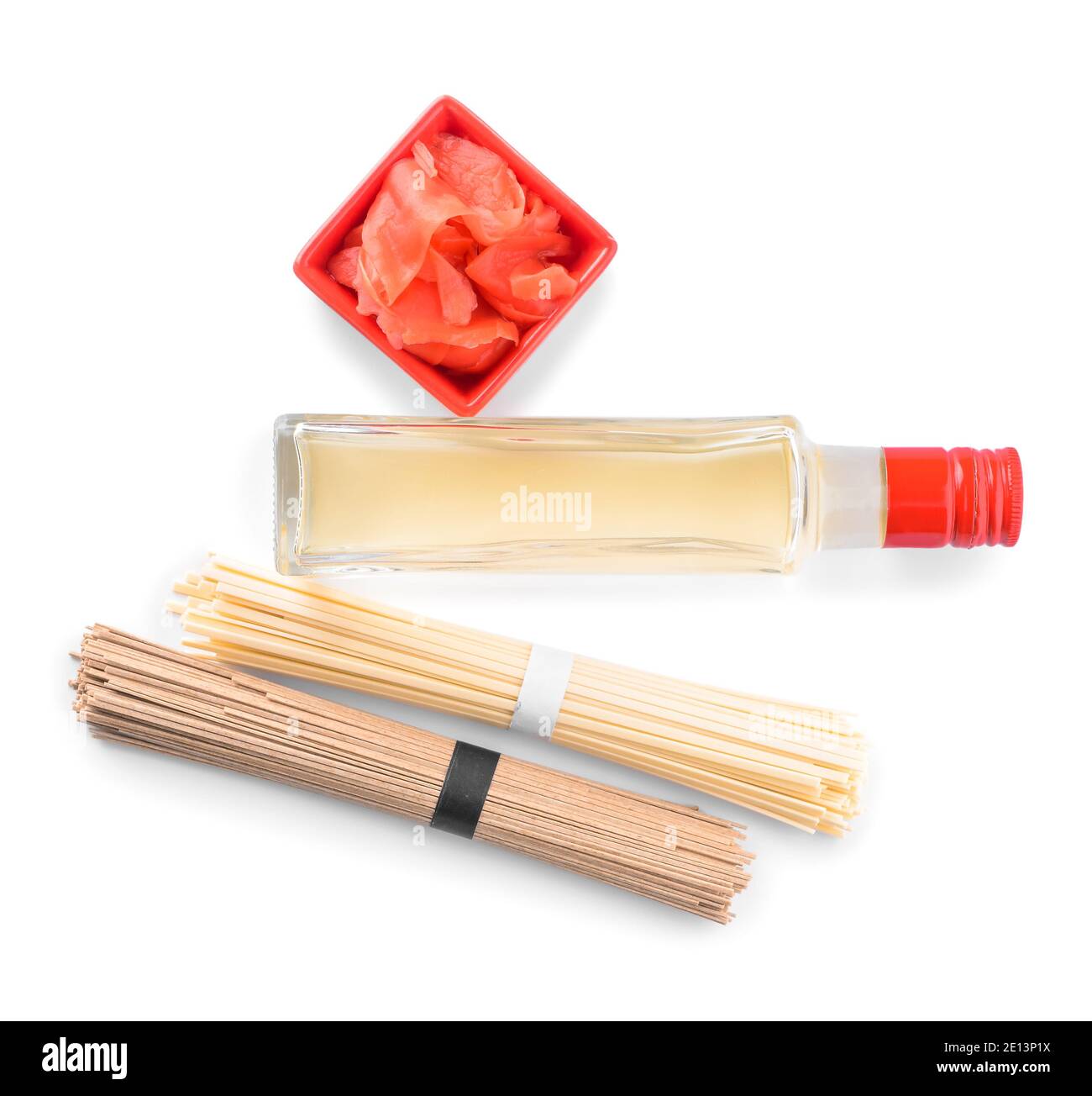 Composition with rice vinegar on white background Stock Photo Alamy