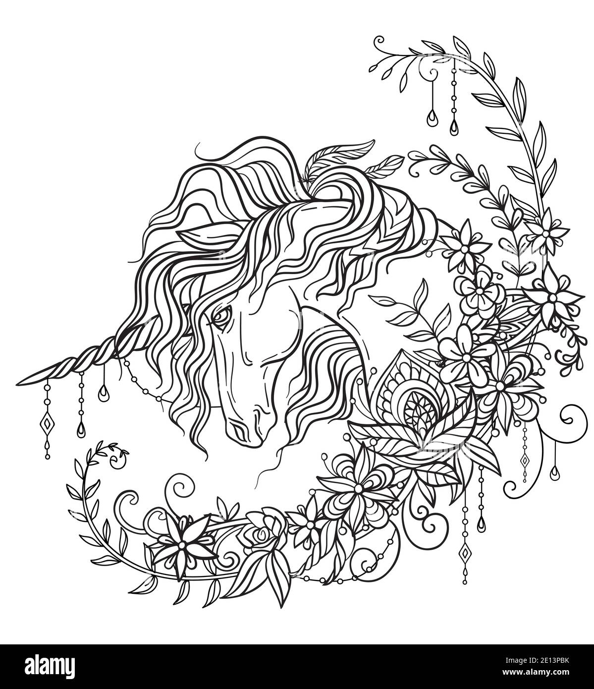 Drawing isolated unicorn with long mane and floral composition. Tangle ...