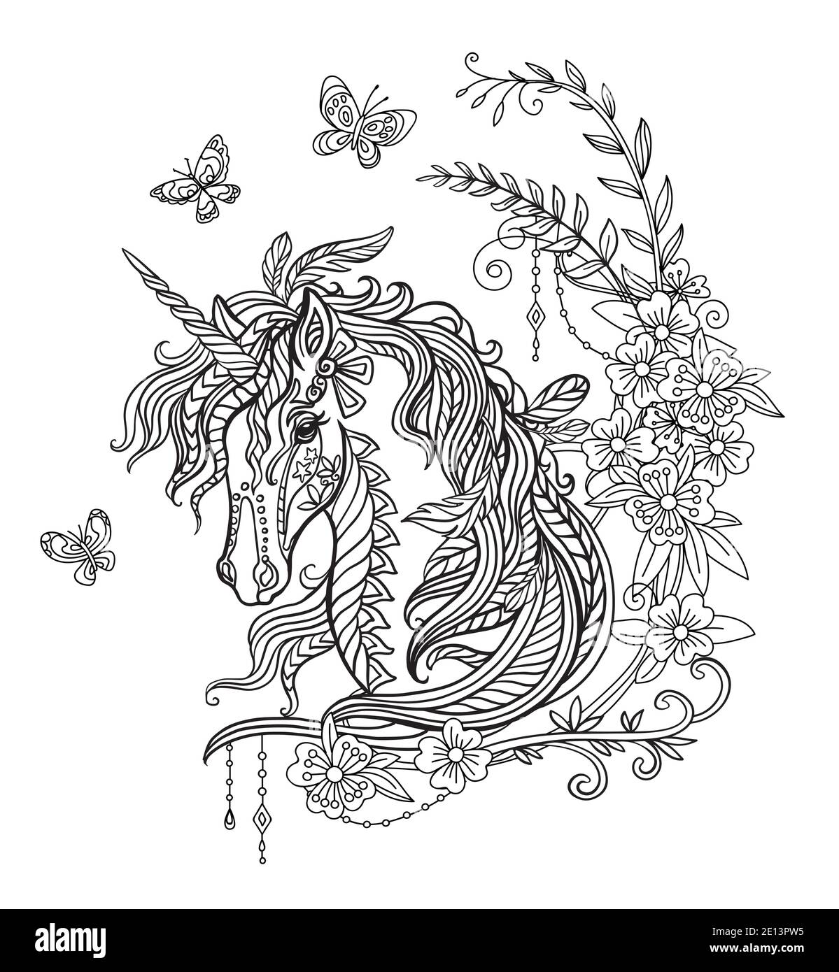 Drawing isolated portrait of unicorn with long mane tangle style for adult coloring book, tattoo, t-shirt design, logo, sign. Stylized illustration of Stock Vector