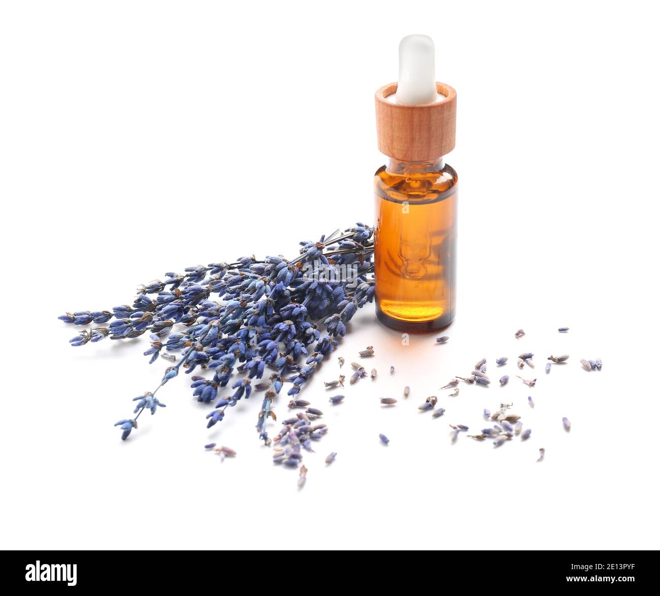 Bottle with lavender essential oil on white background Stock Photo - Alamy