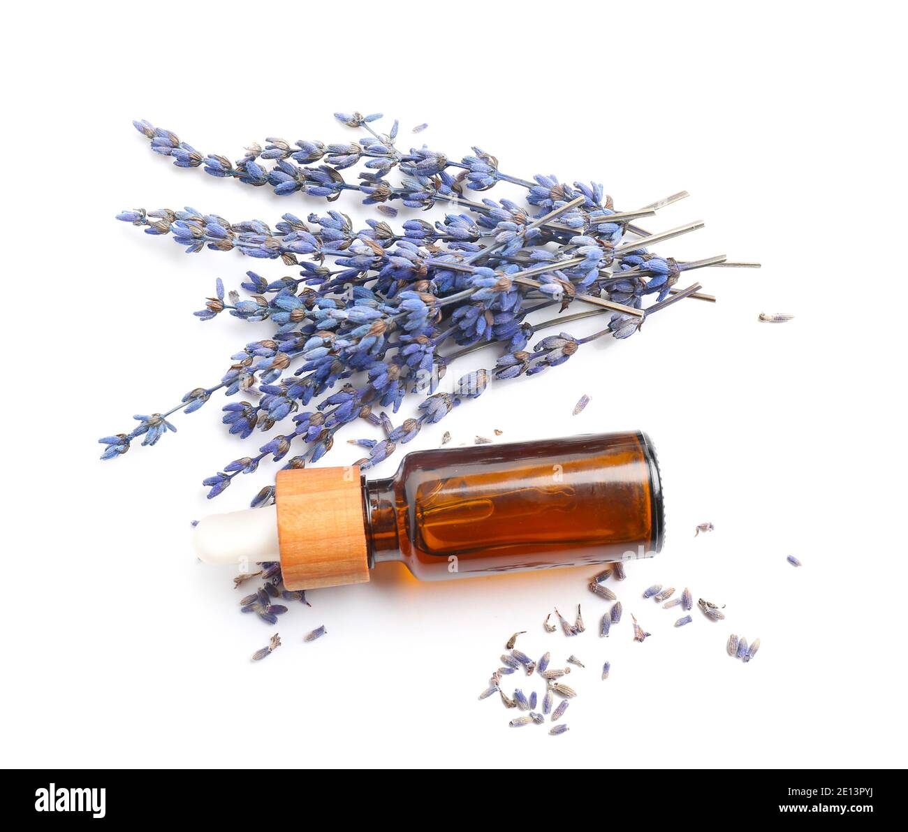 Bottle with lavender essential oil on white background Stock Photo - Alamy