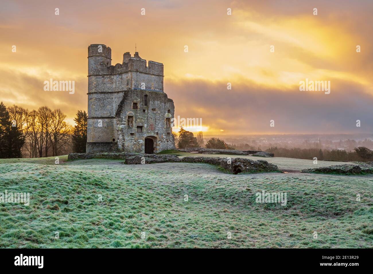 Donnington Castle in winter frost at sunrise, Newbury, Berkshire, England, United Kingdom, Europe Stock Photo