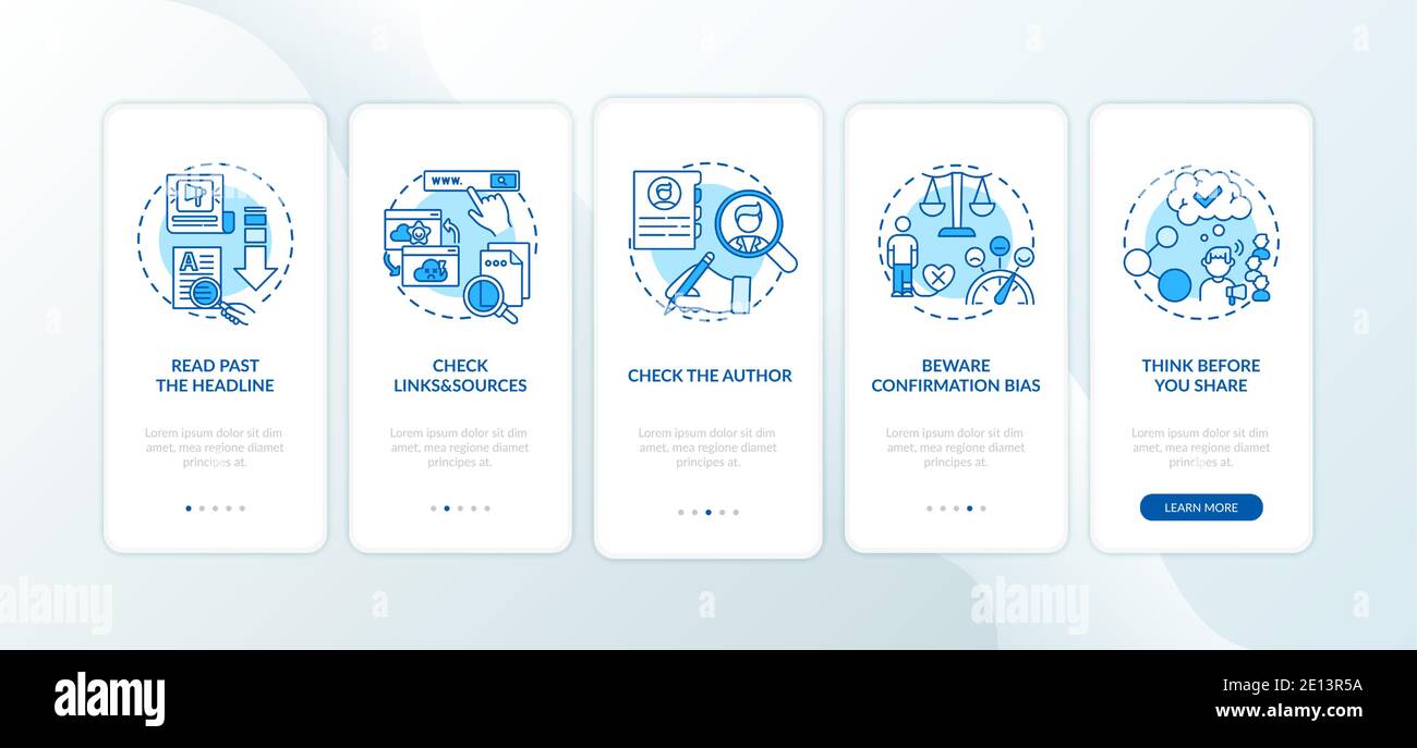 False news checking tips onboarding mobile app page screen with concepts Stock Vector