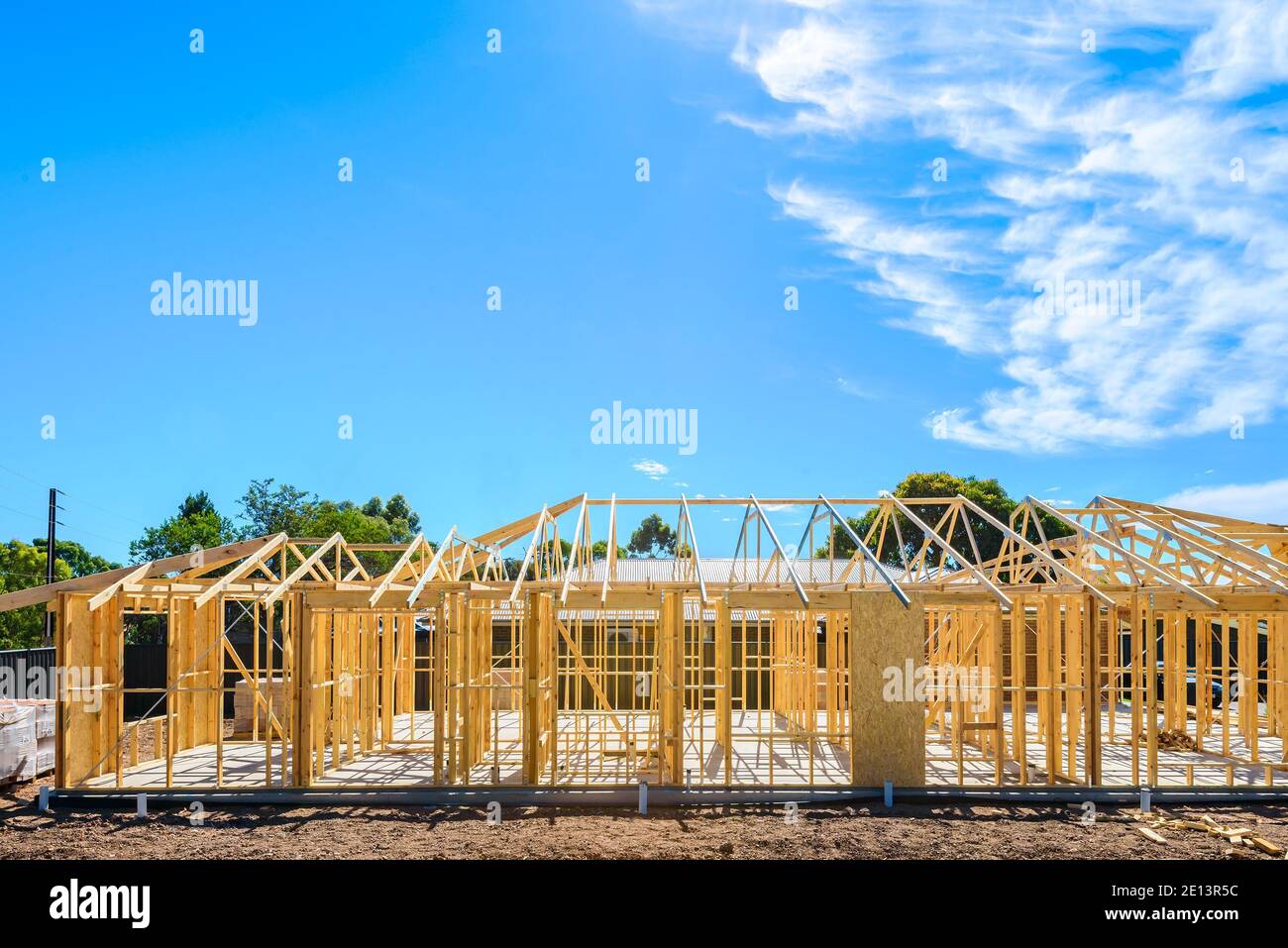 New Australian house timber frame installation process at construction