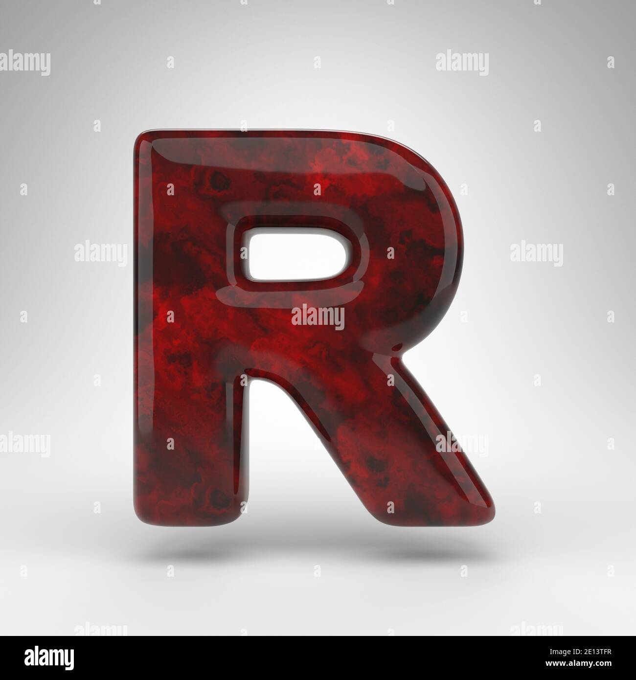 Letter R uppercase on white background. Red amber 3D rendered font with ...