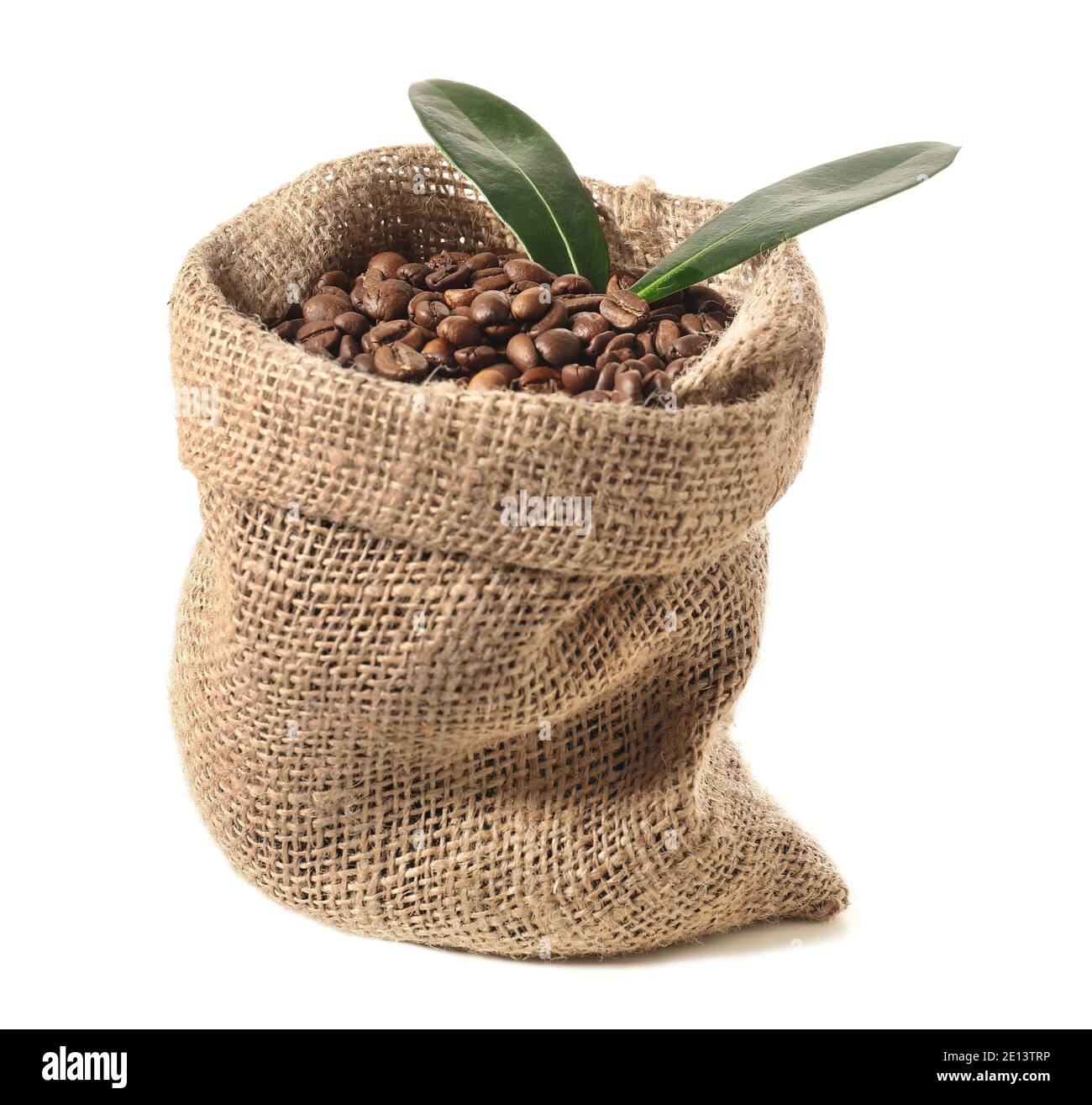 Bag with coffee beans on white background Stock Photo - Alamy