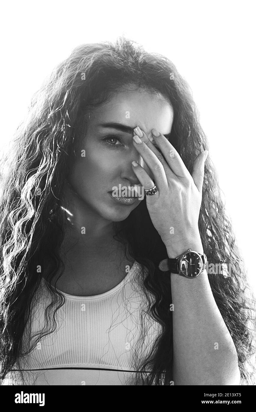 black and white portrait of a beautiful curly girl Stock Photo - Alamy