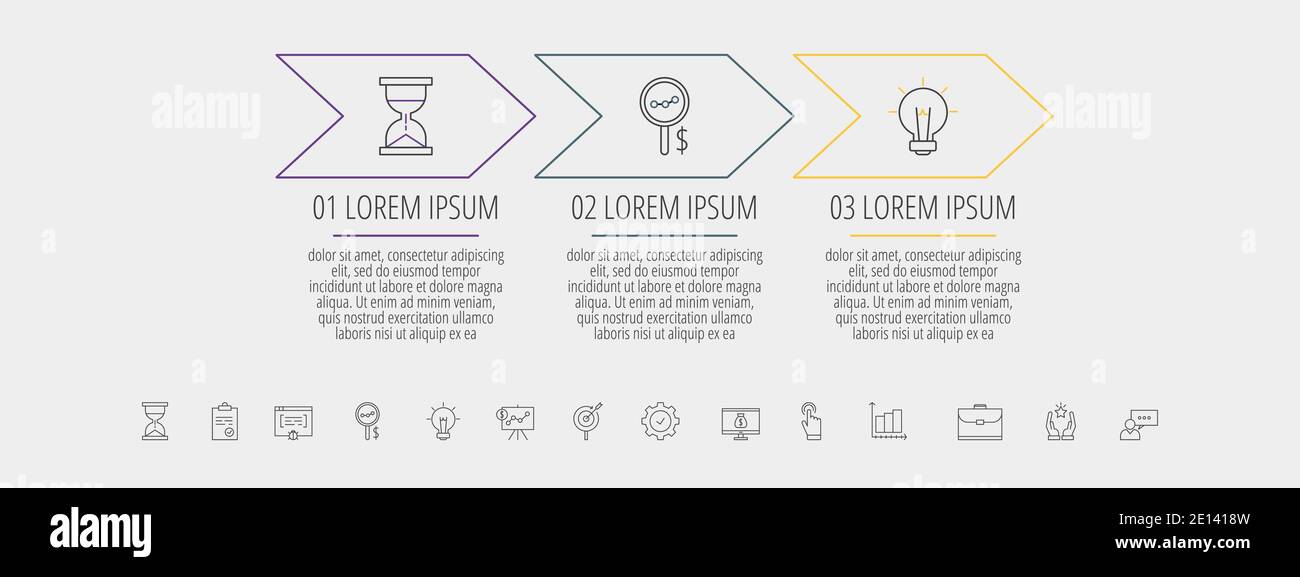 Arrows vector line infographic with 3 steps, icons. Timeline used for ...