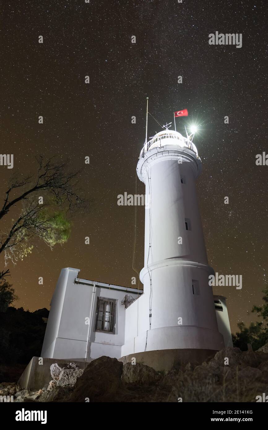 Lighthouse on Gelidonya cape at night in Adrasan, Turkey. Stock Photo