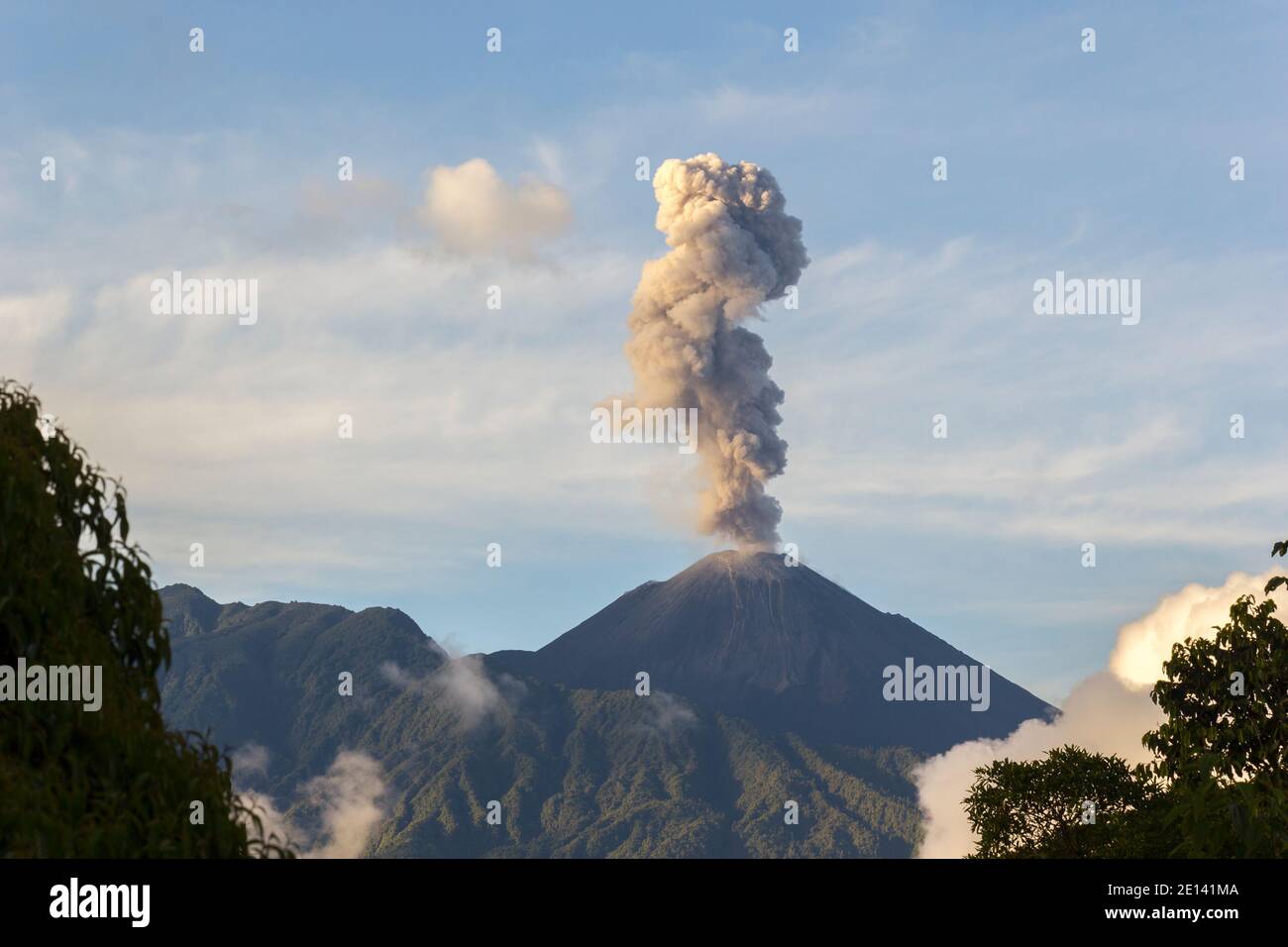 Reventador Volcano erupting, November 2015. Situated in a remote region of the Ecuadorian Amazon, Reventador has been erupting since 2002. Stock Photo