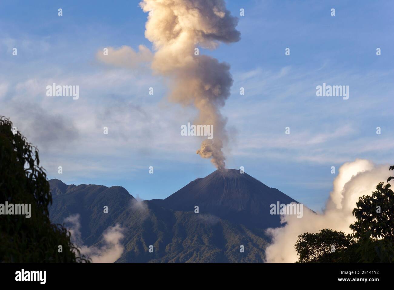 Reventador Volcano erupting, November 2015. Situated in a remote region of the Ecuadorian Amazon, Reventador has been erupting since 2002. Stock Photo