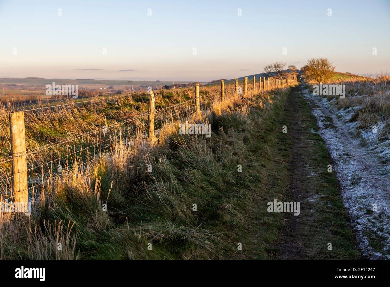 Winter landscape old coaching road north Wessex chalk downland, Cherhill, Wiltshire, England, UK Stock Photo