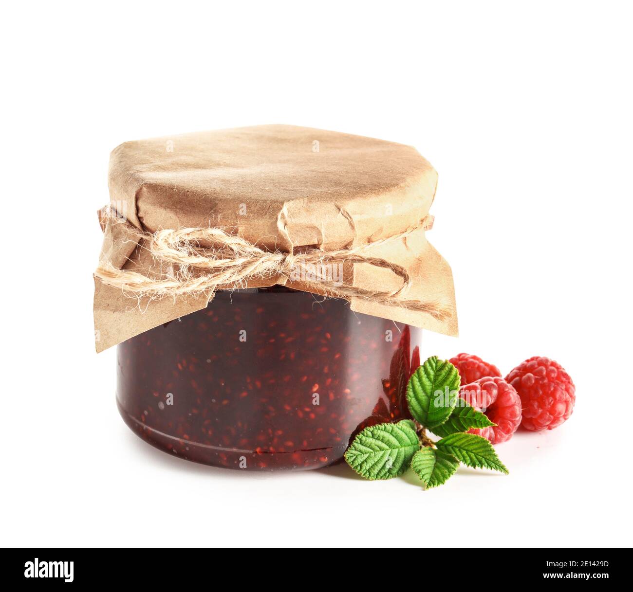 Jar with sweet raspberry jam on white background Stock Photo - Alamy