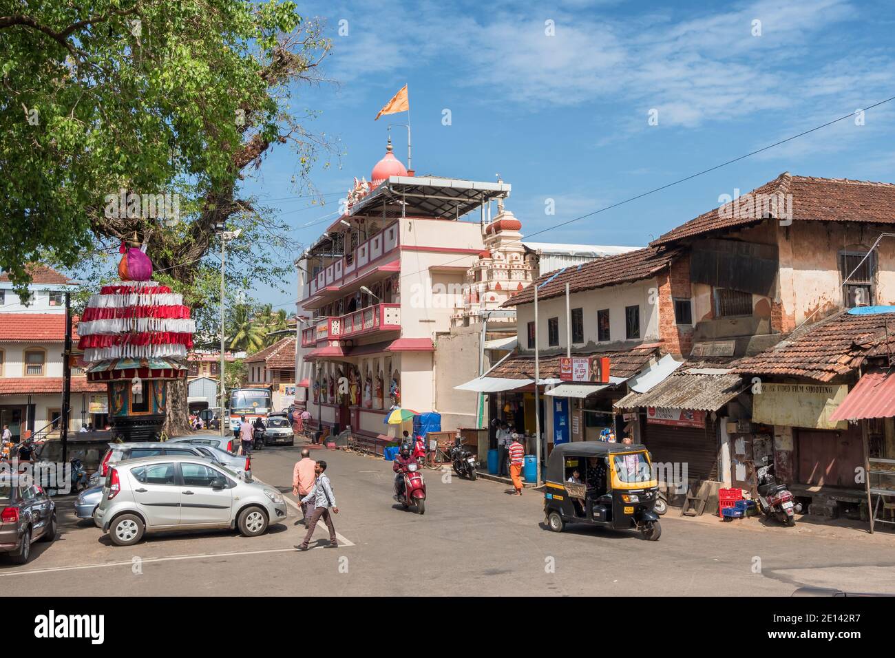 Mangalore street scene with a temple square view, Karnataka state, India. Stock Photo