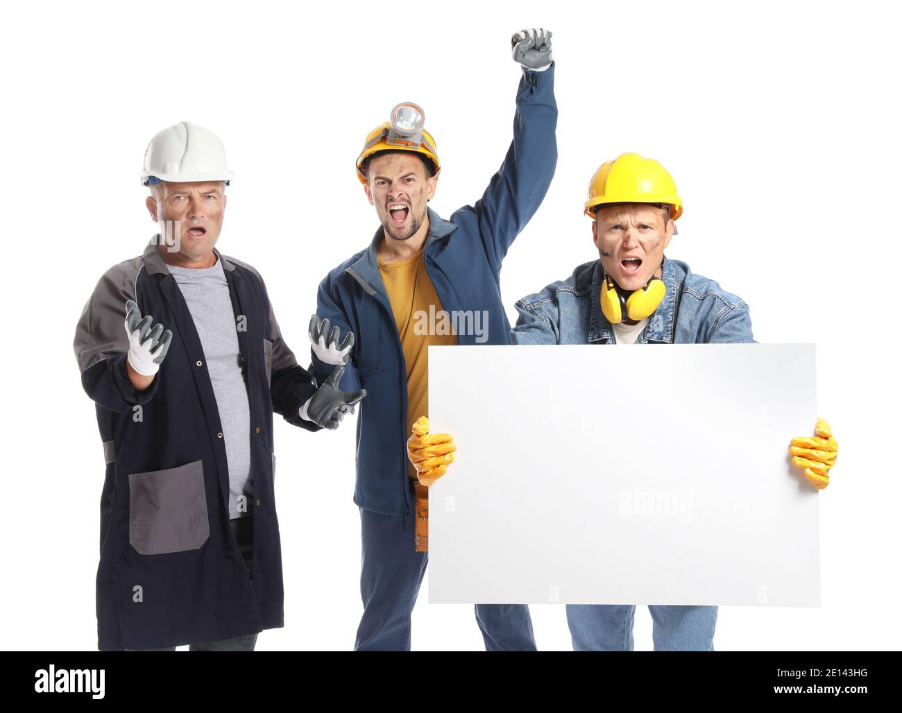 Protesting miner men with placard on white background Stock Photo