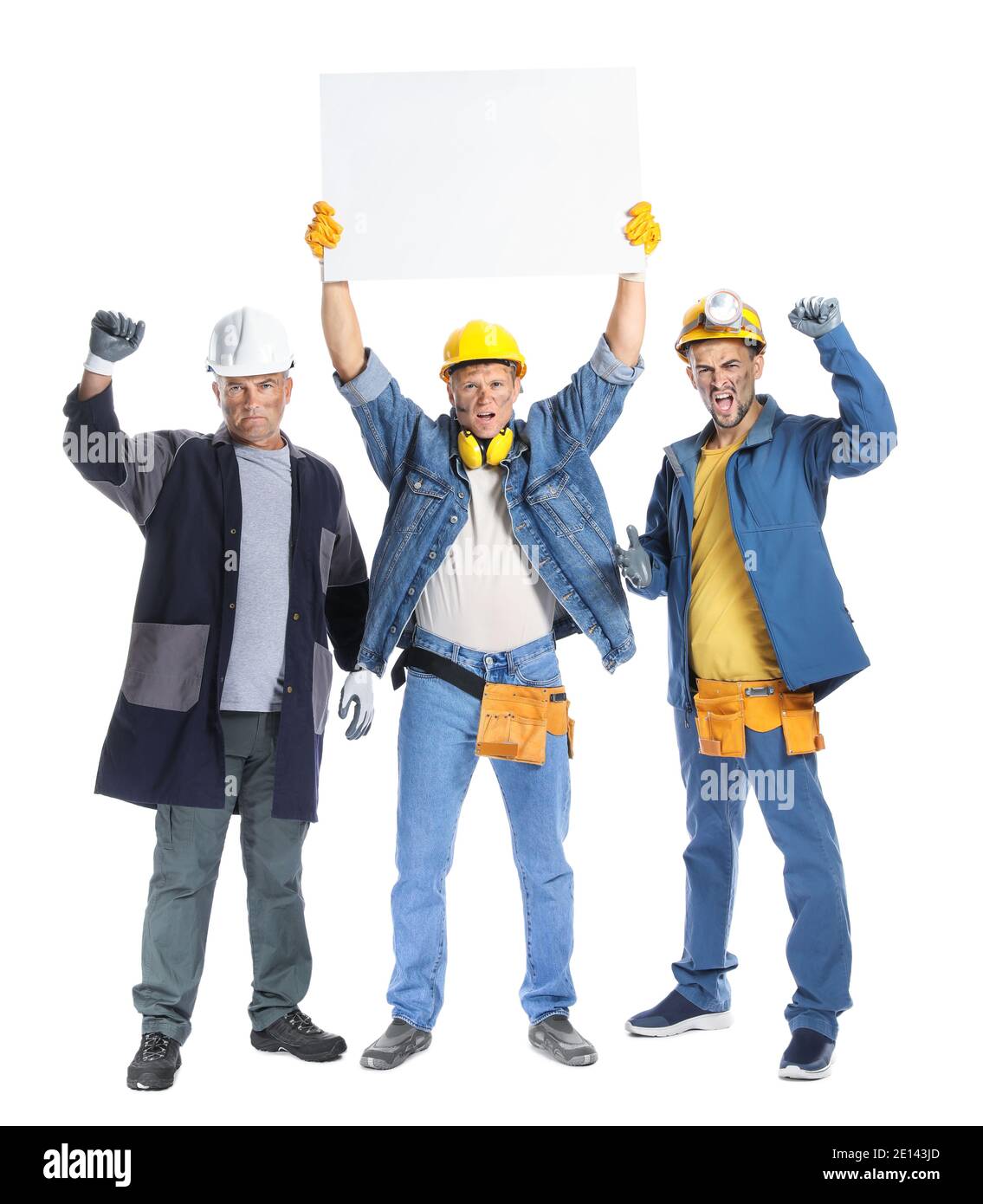 Protesting miner men with placard on white background Stock Photo