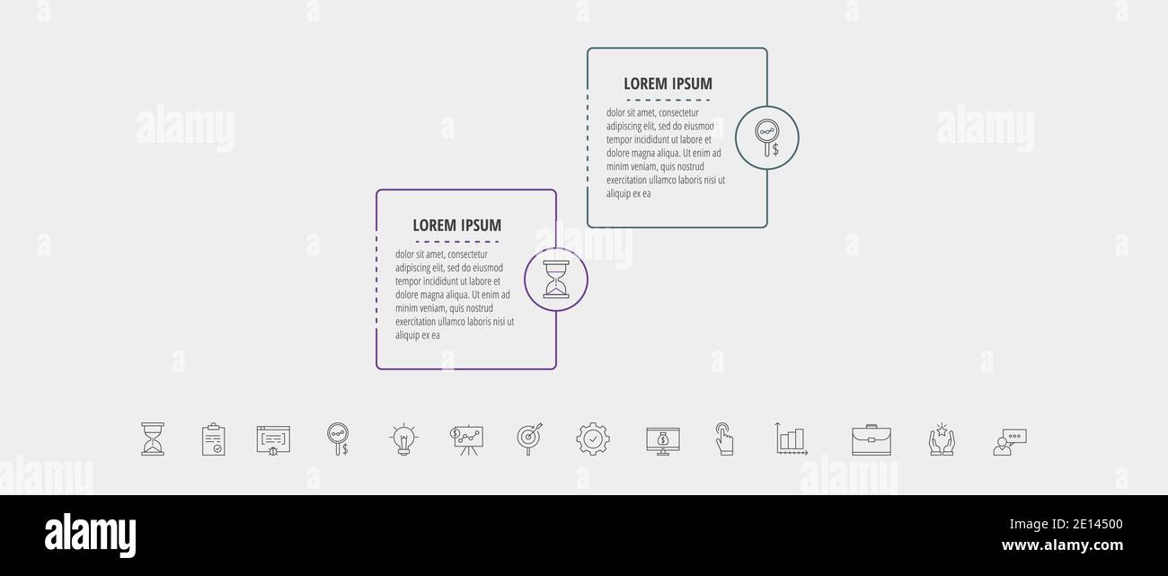 Square vector line infographic with two steps, circles. Rectangular timeline used for diagram, chart, web, banner, workflow layout, presentations Stock Vector