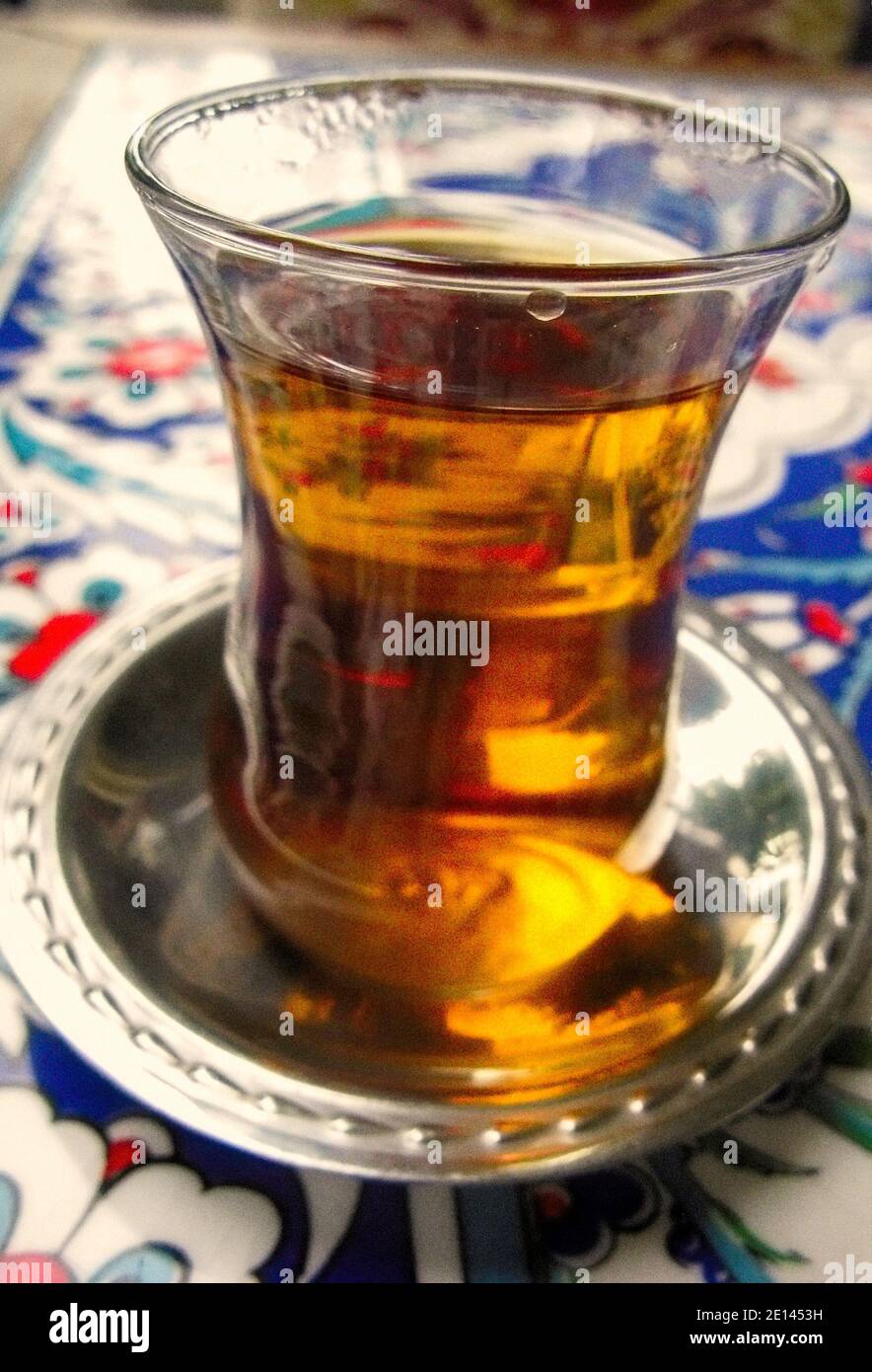 A glass of Turkish Tea, Sultanhamet district, Istanbul, Turkey Stock Photo