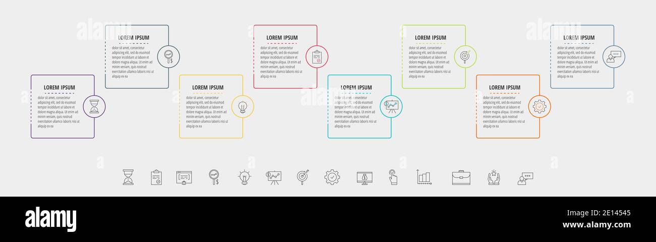 Square vector line infographic with eight steps, circles. Rectangular timeline used for diagram, chart, web, banner, workflow layout, presentations Stock Vector