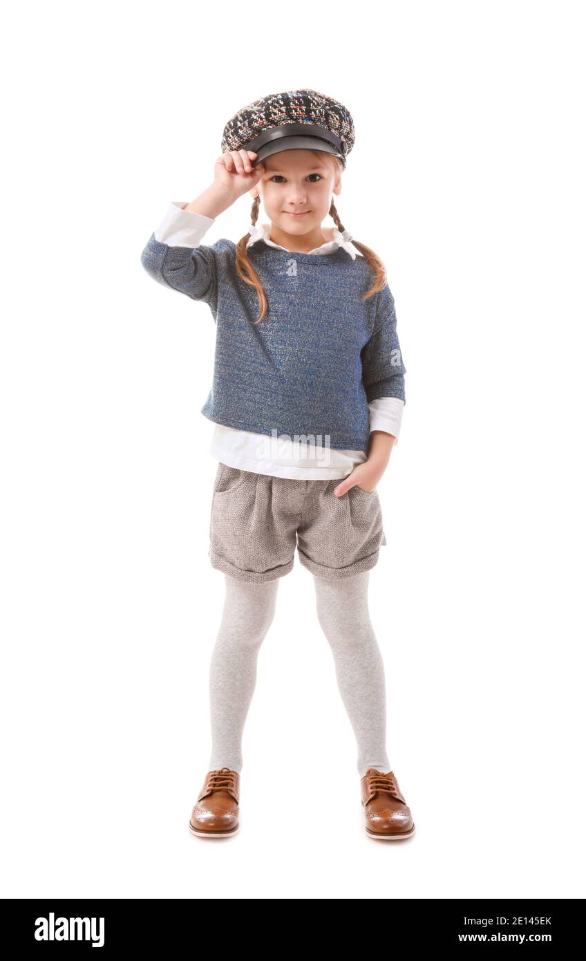 Portrait of stylish little girl on white background Stock Photo - Alamy