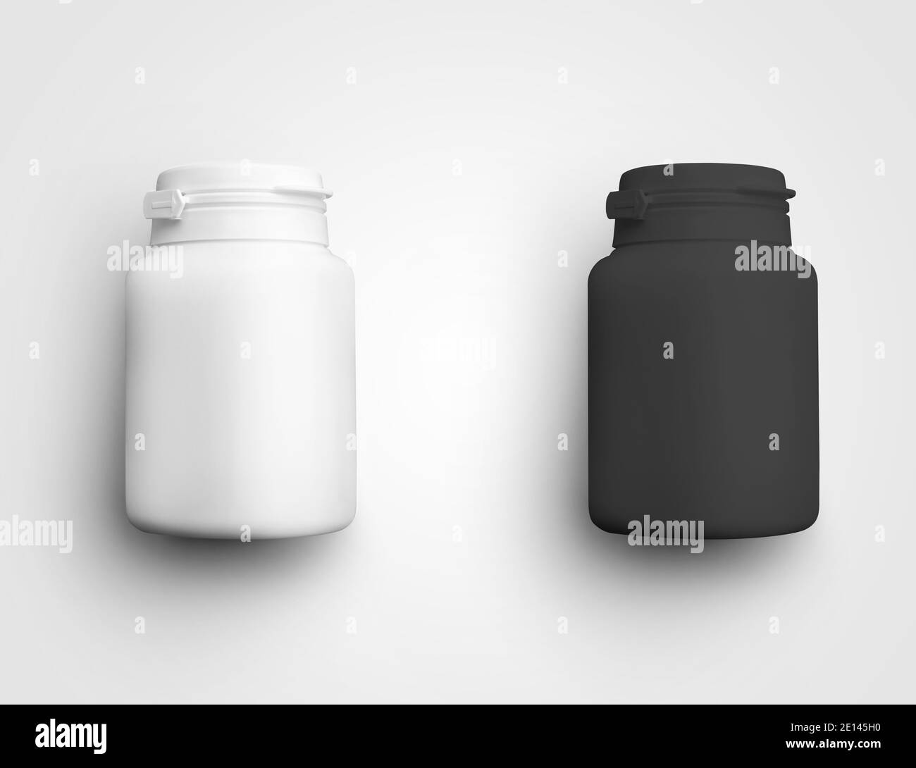 Template of a plastic white, black jar with first opening control, empty bottle for pills, for presentation design, print. Mockup box, isolated on bac Stock Photo