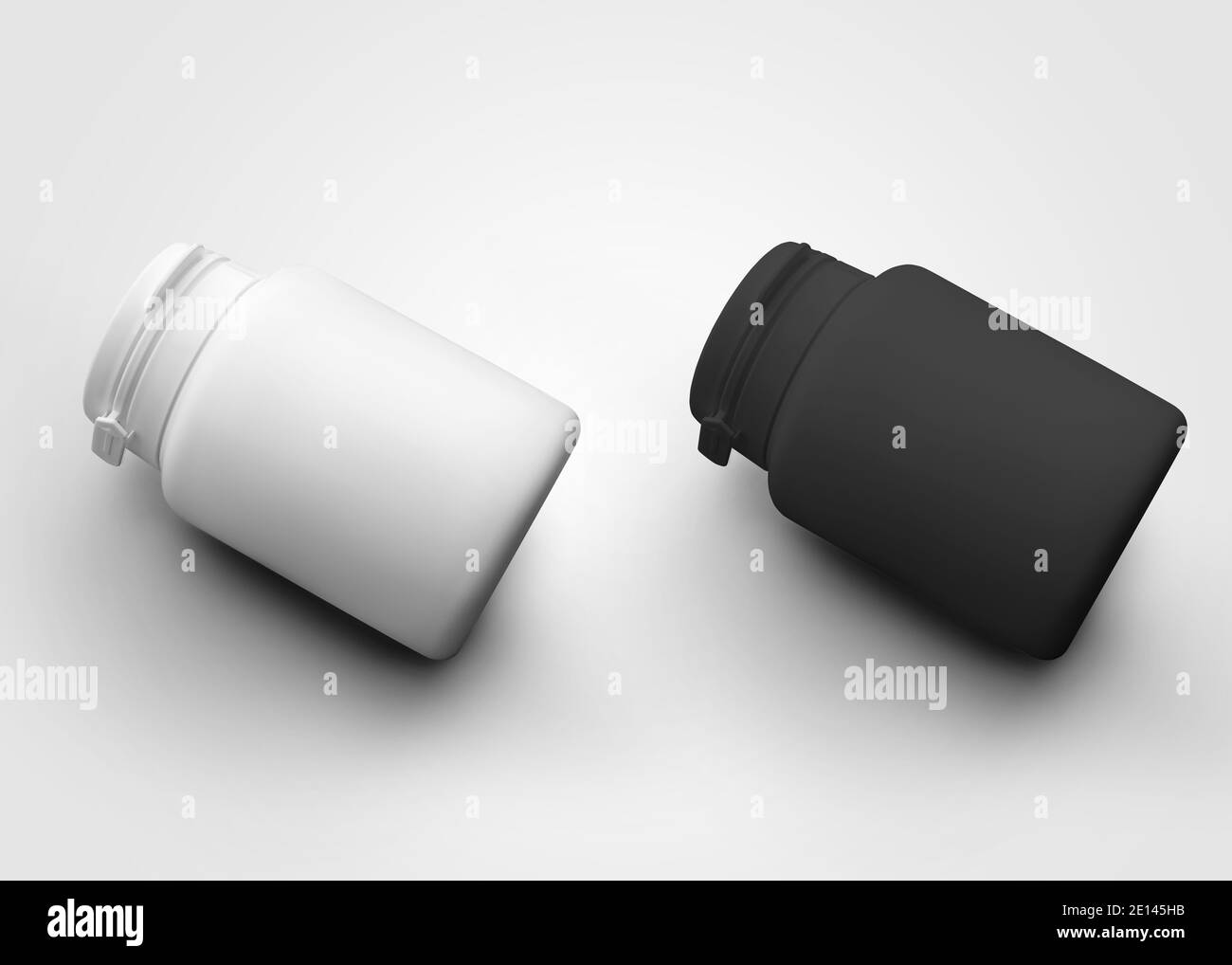 Mockup of a plastic round jar with first opening control, box for pills, additives, isolated on background. White, black bottle template for design pr Stock Photo