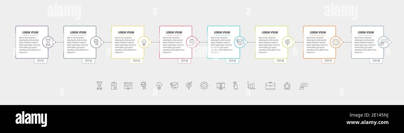 Square vector line infographic with eight steps, circles. Rectangular timeline used for diagram, chart, web, banner, workflow layout, presentations Stock Vector
