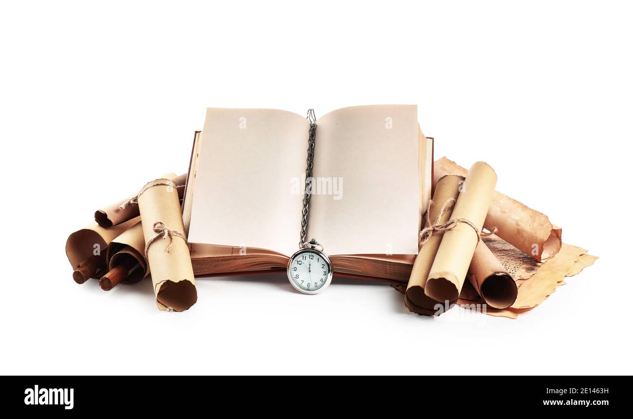 Old book with scrolls and compass on white background Stock Photo